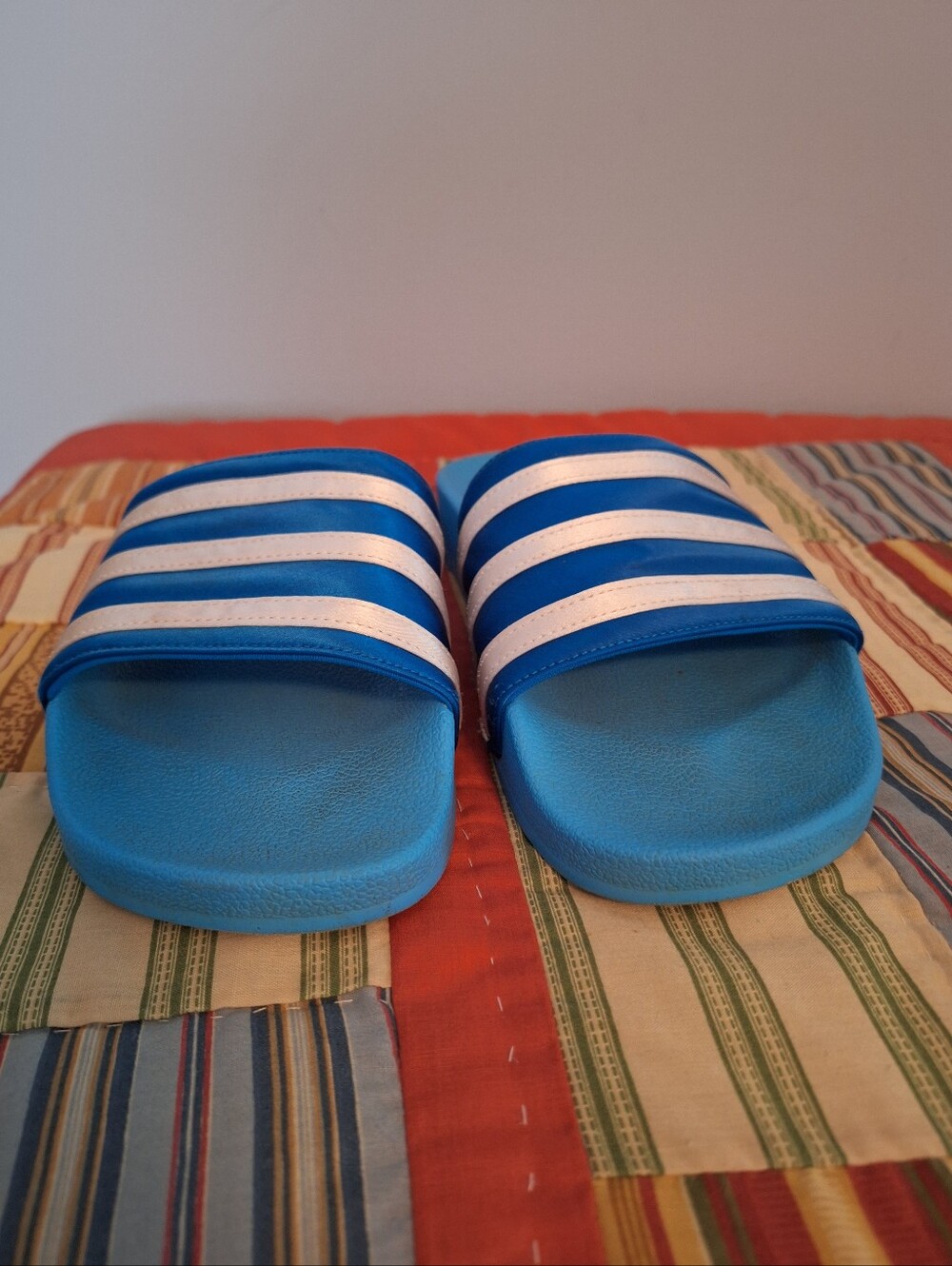 Adidas Blue Slide Sandals with White Stripes Women's Size 8